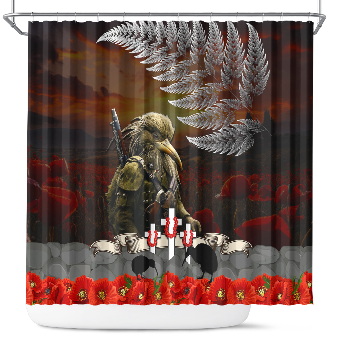 New Zealand ANZAC Day Shower Curtain The Ode of Remembrance and Silver Fern LT03 Black - Polynesian Pride