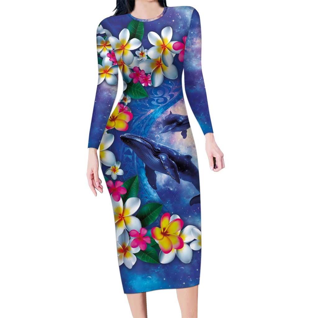 Hawaiian Lei Day Plumeria Humpback Whales Long Sleeve Bodycon Dress Polynesian Art Vibrant Starry Nebula Style