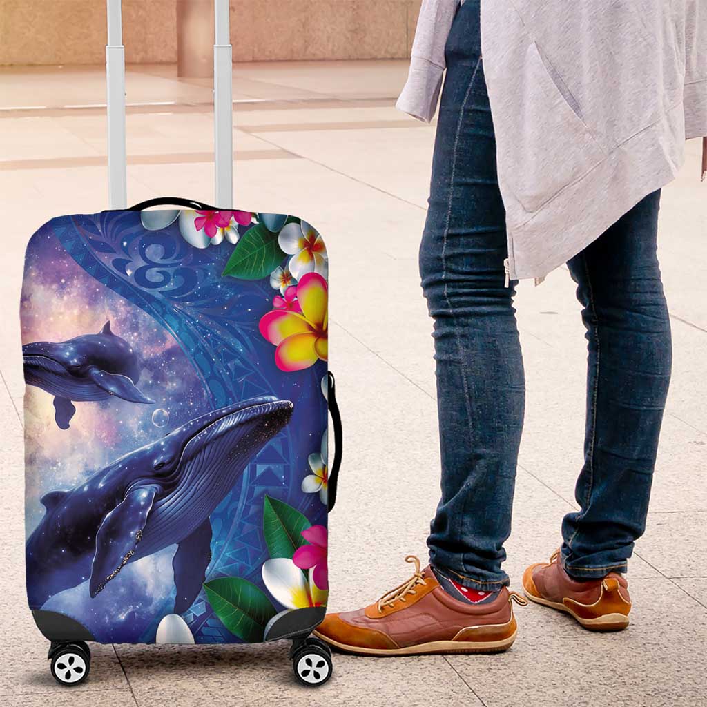 Hawaiian Lei Day Plumeria Humpback Whales Luggage Cover Polynesian Art Vibrant Starry Nebula Style