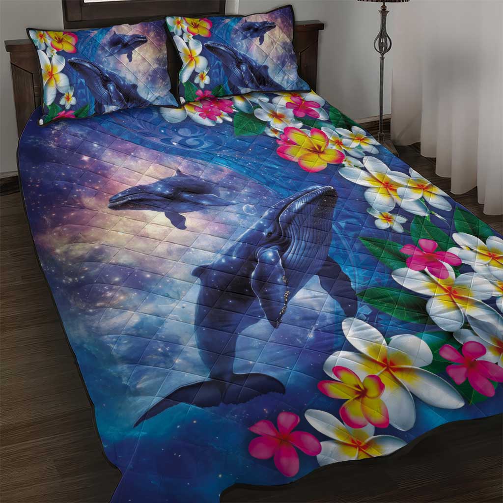 Hawaiian Lei Day Plumeria Humpback Whales Quilt Bed Set Polynesian Art Vibrant Starry Nebula Style