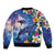 Hawaiian Lei Day Plumeria Humpback Whales Sleeve Zip Bomber Jacket Polynesian Art Vibrant Starry Nebula Style