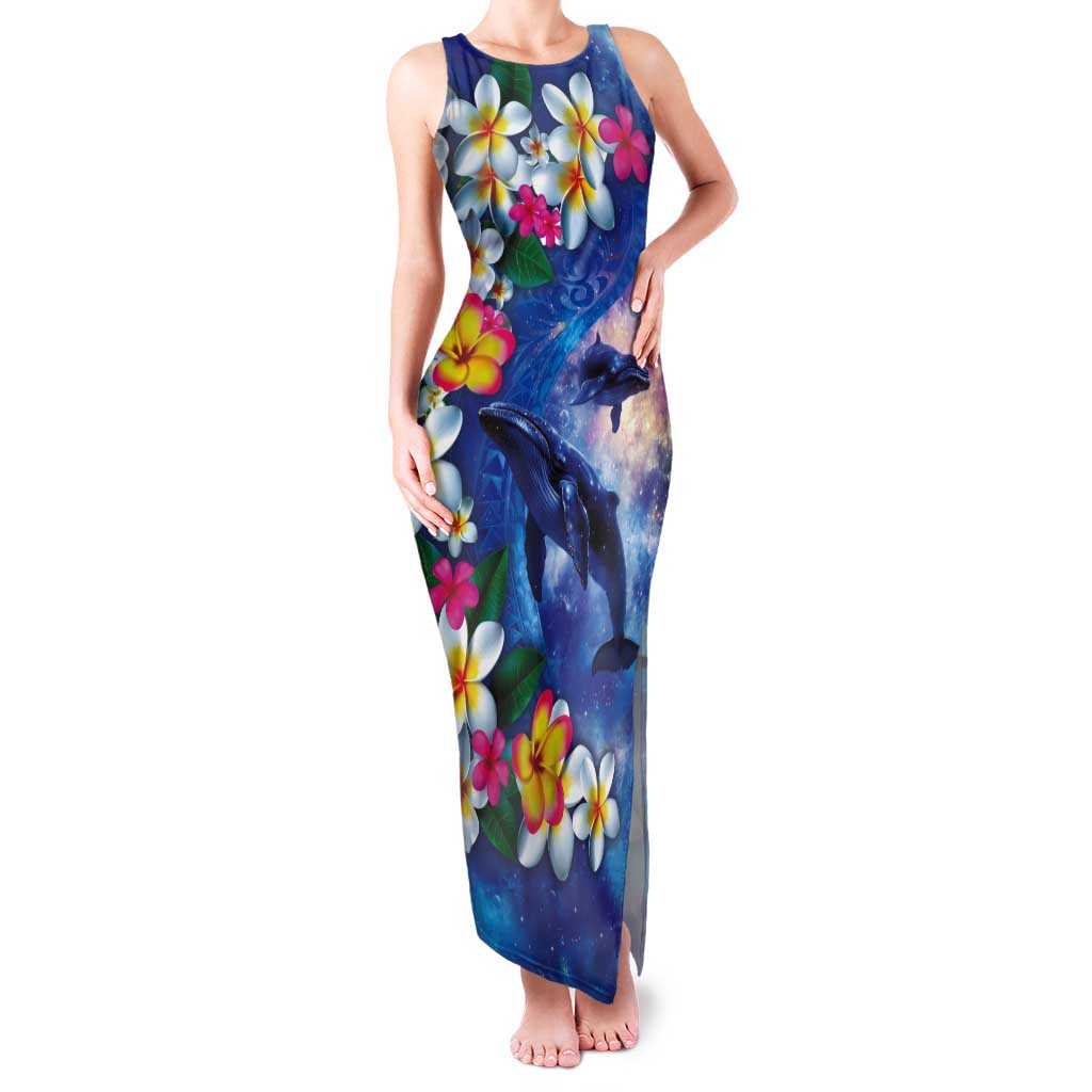 Hawaiian Lei Day Plumeria Humpback Whales Tank Maxi Dress Polynesian Art Vibrant Starry Nebula Style