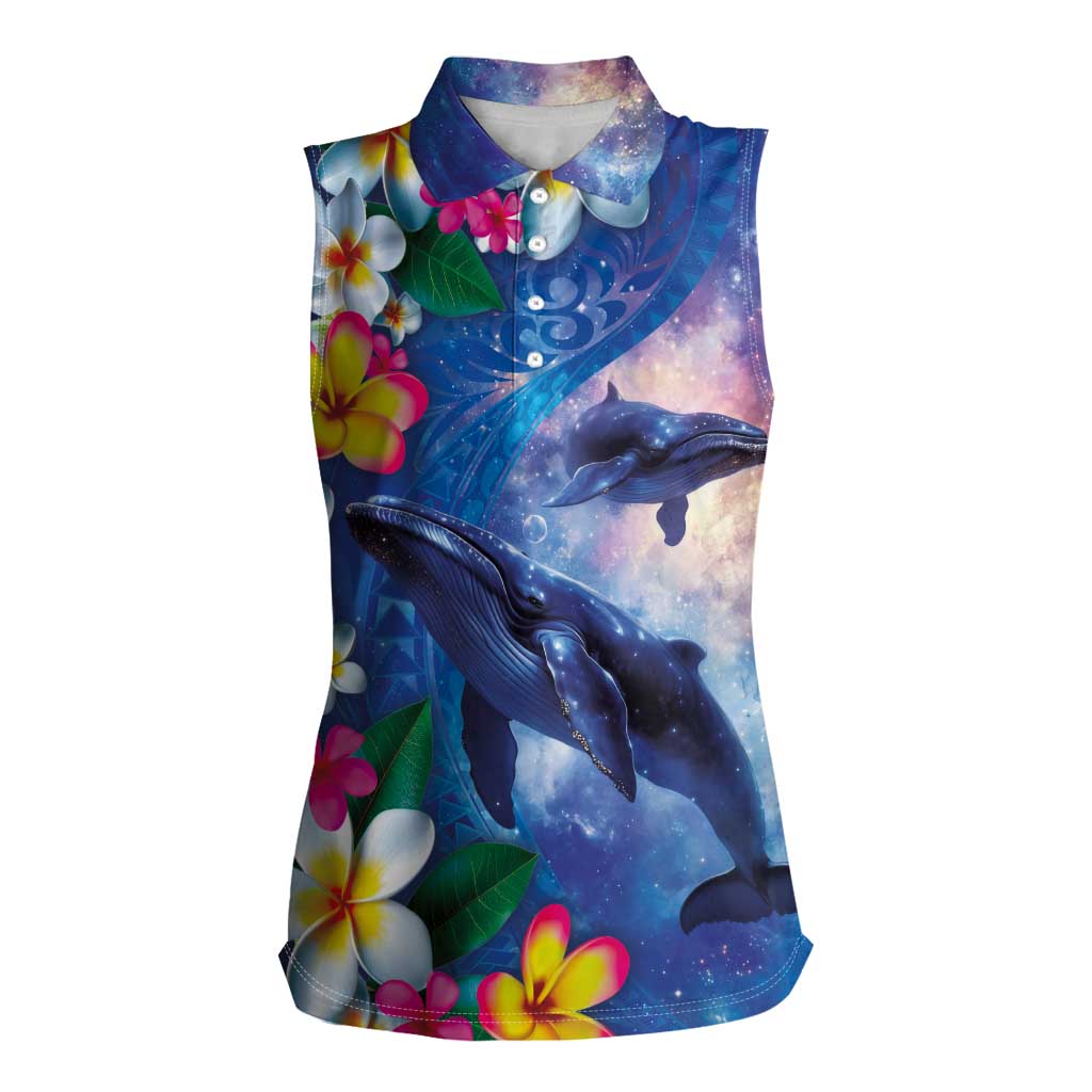 Hawaiian Lei Day Plumeria Humpback Whales Women Sleeveless Polo Shirt Polynesian Art Vibrant Starry Nebula Style