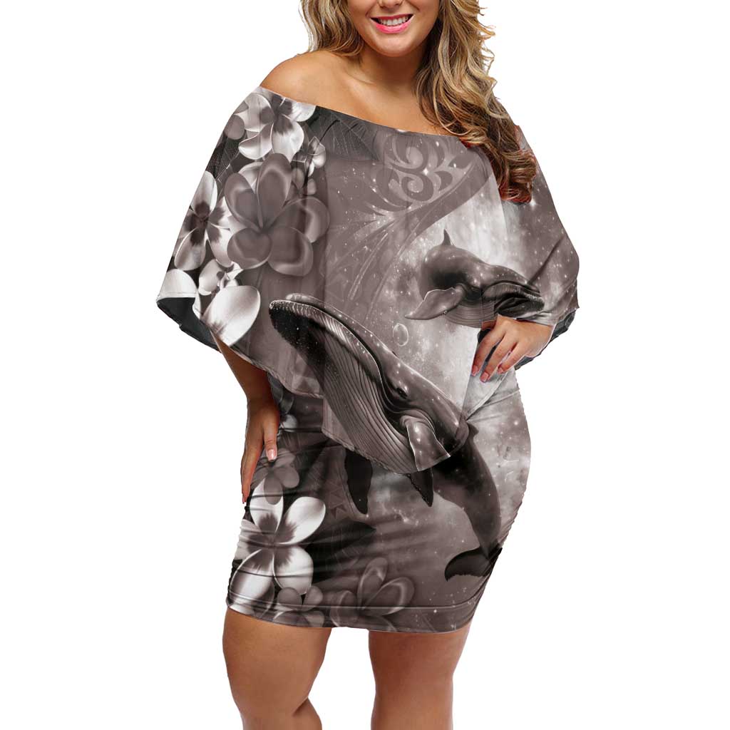 Hawaiian Lei Day Plumeria Humpback Whales Off Shoulder Short Dress Polynesian Art Vibrant Starry Nebula Grayscale Style