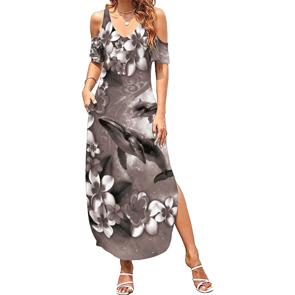 Hawaiian Lei Day Plumeria Humpback Whales Summer Maxi Dress Polynesian Art Vibrant Starry Nebula Grayscale Style