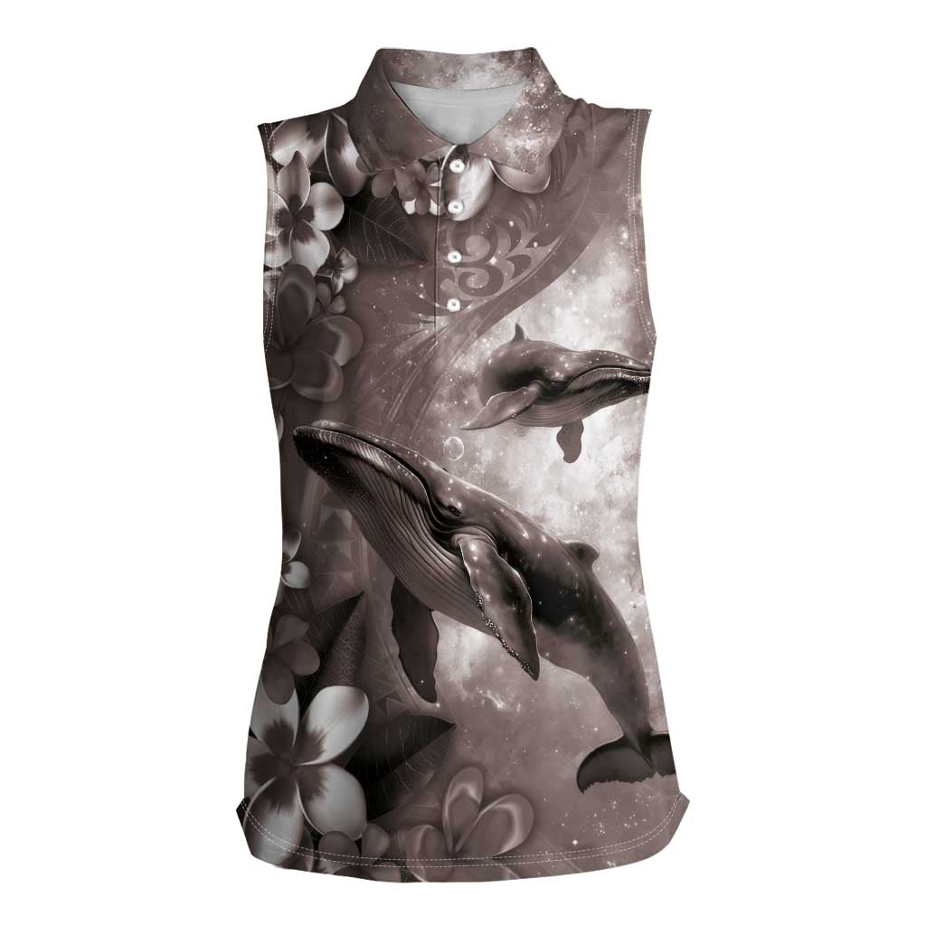 Hawaiian Lei Day Plumeria Humpback Whales Women Sleeveless Polo Shirt Polynesian Art Vibrant Starry Nebula Grayscale Style