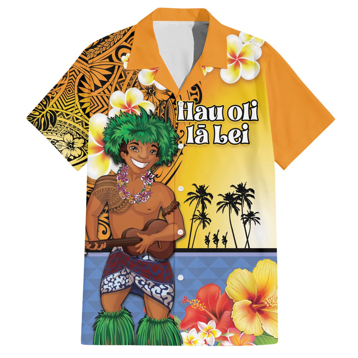 Happy Lei Day Hawaiian Shirt Hula Male Dancer Polynesian Flower Kakau Pattern LT03 Yellow - Polynesian Pride