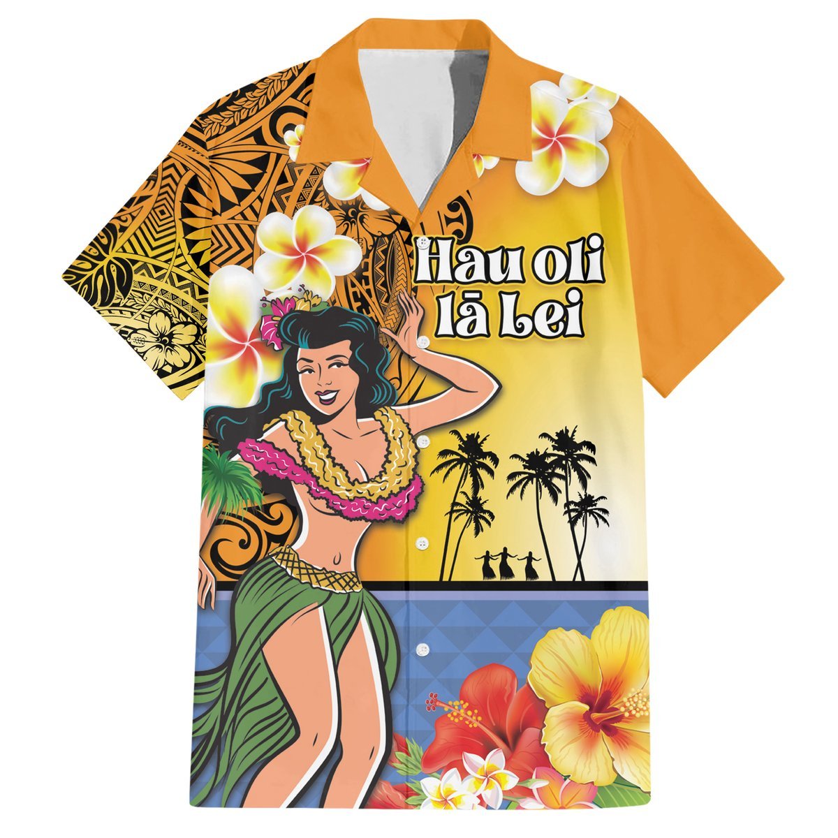 Happy Lei Day Hawaiian Shirt Hula Girl Polynesian Flower Kakau Pattern LT03 Yellow - Polynesian Pride