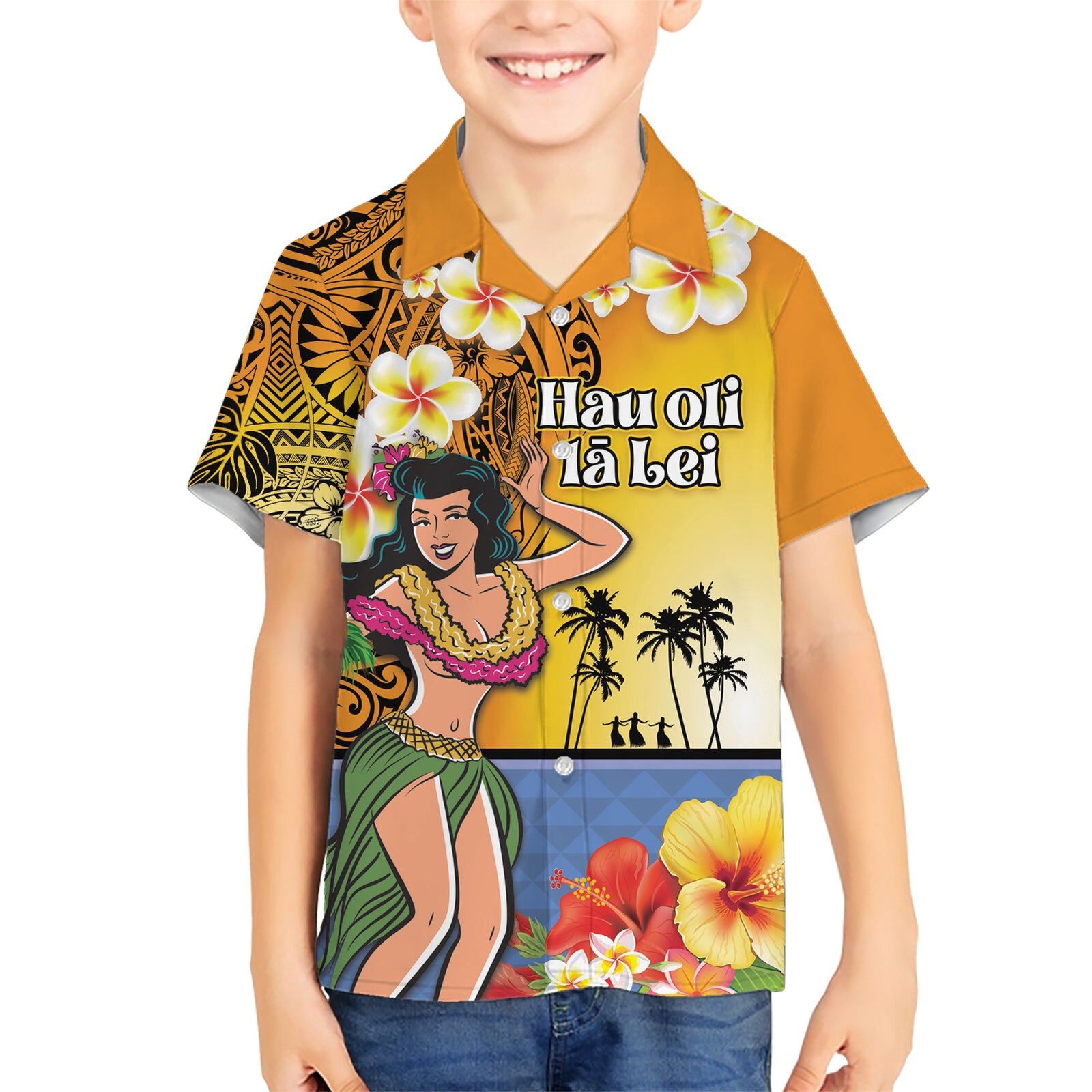 Happy Lei Day Kid Hawaiian Shirt Hula Girl Polynesian Flower Kakau Pattern LT03 Kid Yellow - Polynesian Pride