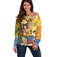 Happy Lei Day Off Shoulder Sweater Hula Girl Polynesian Flower Kakau Pattern LT03 Women Yellow - Polynesian Pride