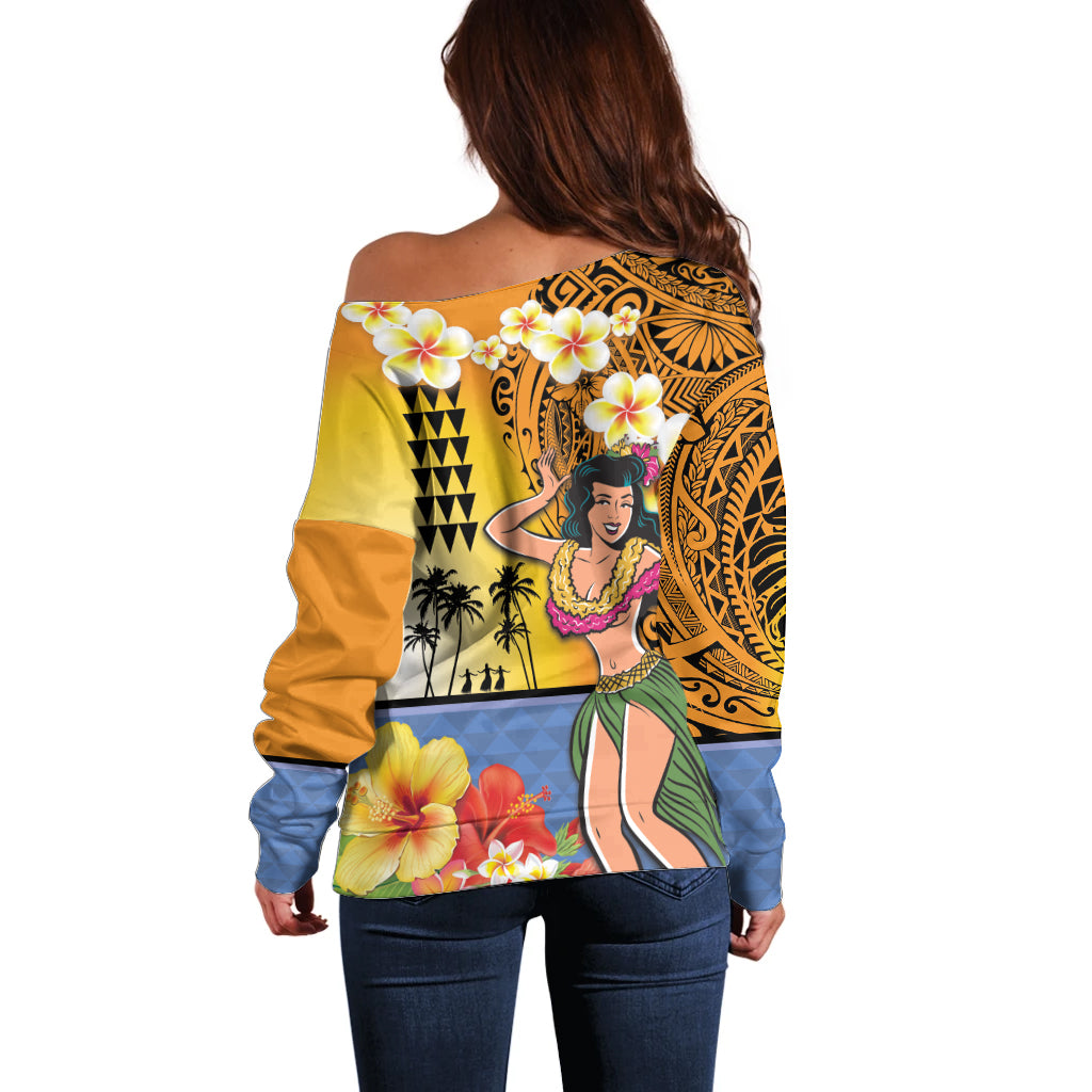 Happy Lei Day Off Shoulder Sweater Hula Girl Polynesian Flower Kakau Pattern LT03 - Polynesian Pride
