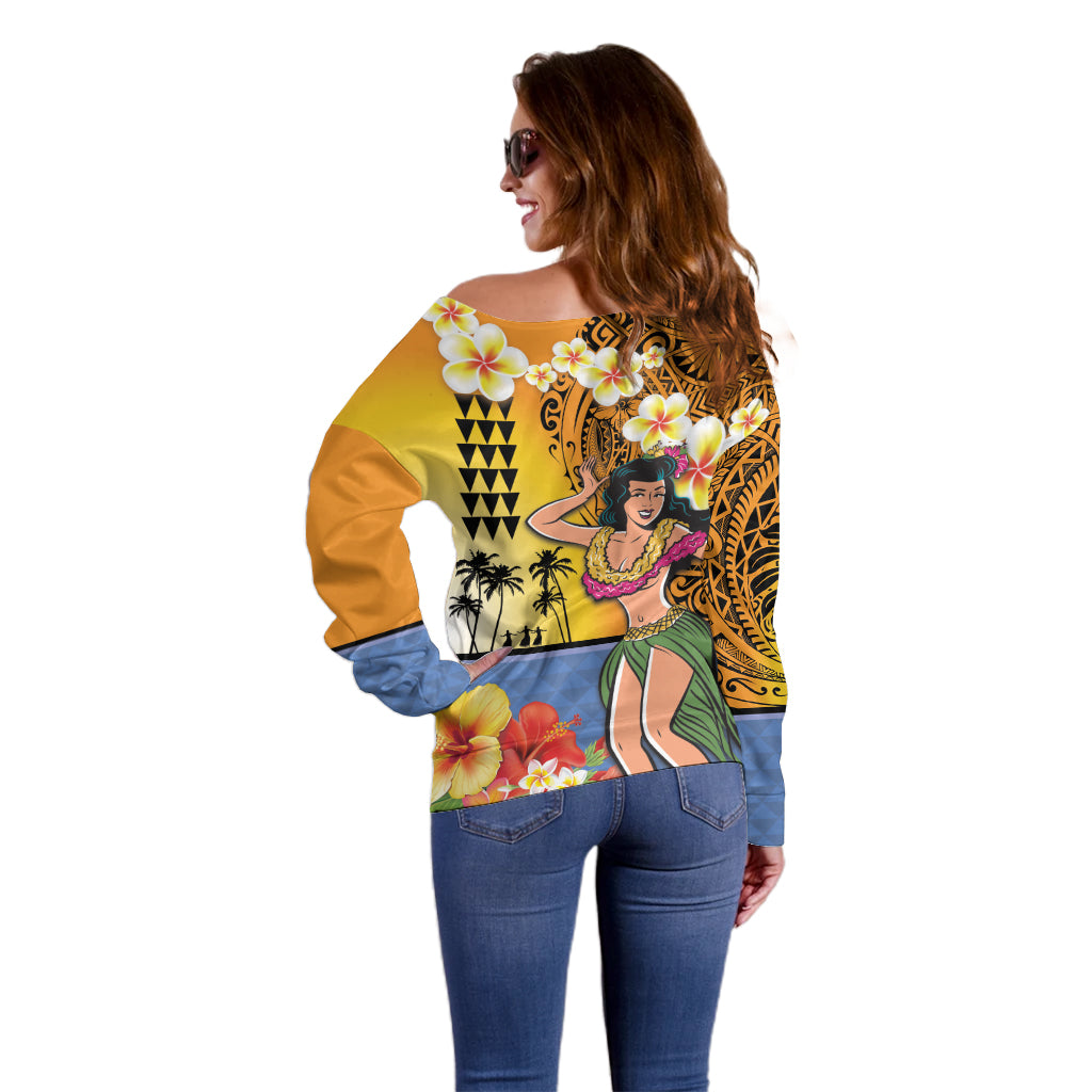 Happy Lei Day Off Shoulder Sweater Hula Girl Polynesian Flower Kakau Pattern LT03 - Polynesian Pride
