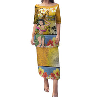 Happy Lei Day Puletasi Hula Girl Polynesian Flower Kakau Pattern LT03 Long Dress Yellow - Polynesian Pride