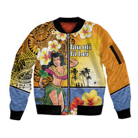Happy Lei Day Sleeve Zip Bomber Jacket Hula Girl Polynesian Flower Kakau Pattern LT03 Unisex Yellow - Polynesian Pride