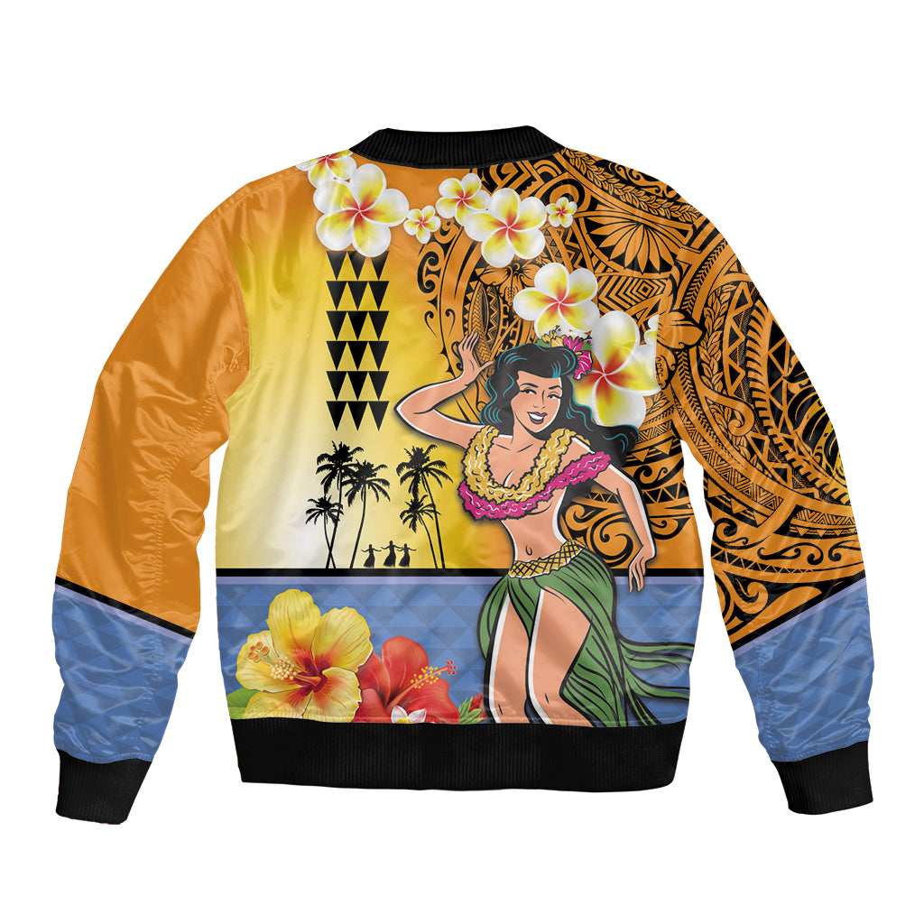 Happy Lei Day Sleeve Zip Bomber Jacket Hula Girl Polynesian Flower Kakau Pattern LT03 - Polynesian Pride