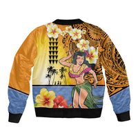Happy Lei Day Sleeve Zip Bomber Jacket Hula Girl Polynesian Flower Kakau Pattern LT03 - Polynesian Pride