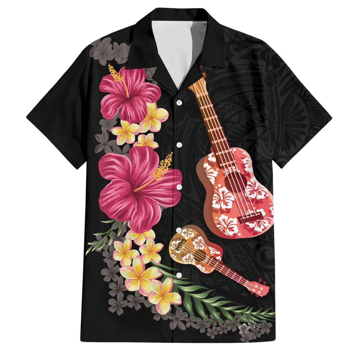 Ukulele mix Polynesian Flower Hawaiian Shirt Hawaiian Tribal Pattern LT03 Black - Polynesian Pride