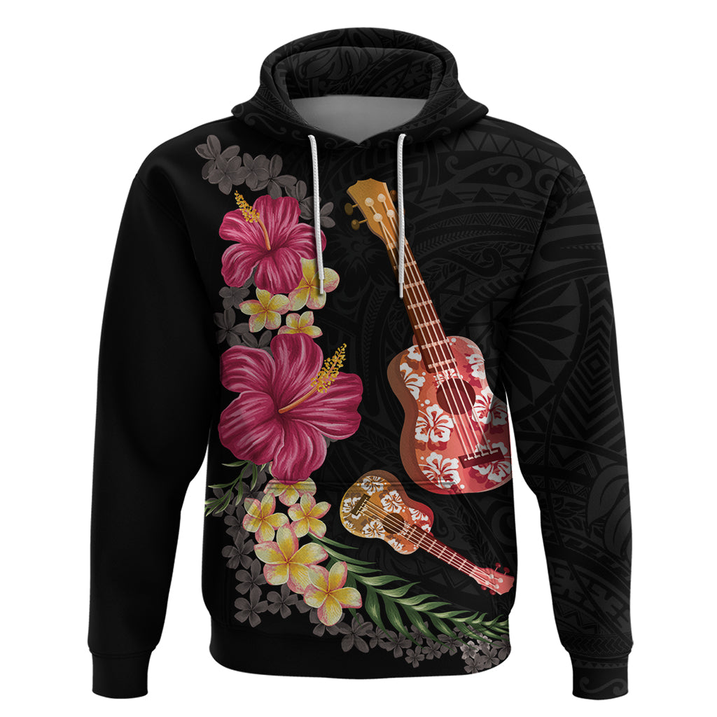 Ukulele mix Polynesian Flower Hoodie Hawaiian Tribal Pattern LT03 Pullover Hoodie Black - Polynesian Pride