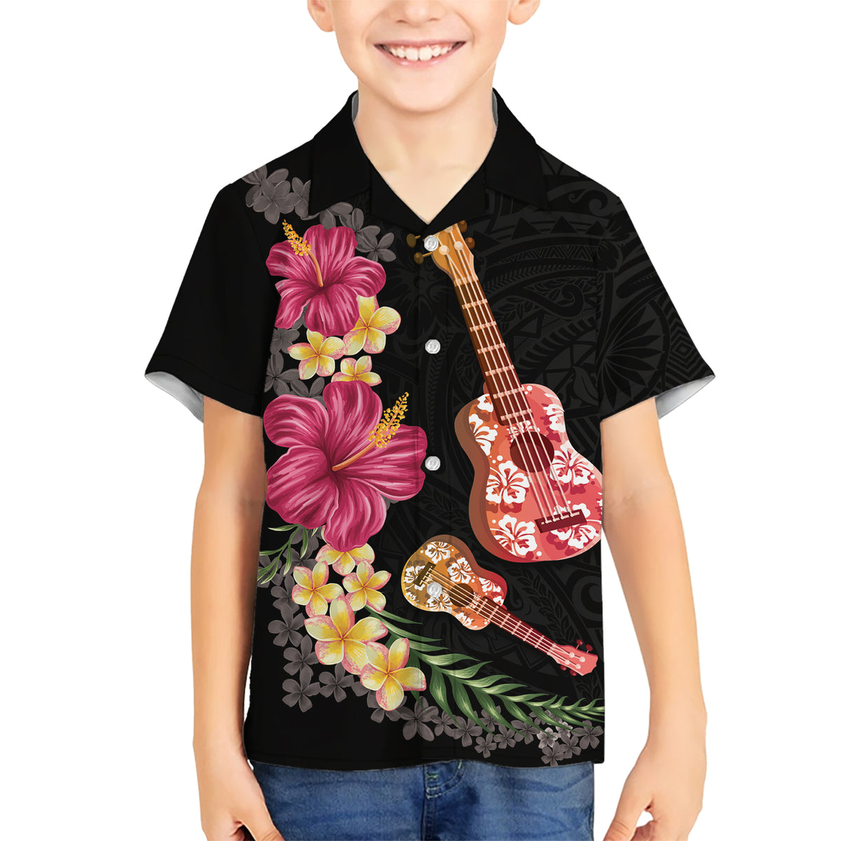 Ukulele mix Polynesian Flower Kid Hawaiian Shirt Hawaiian Tribal Pattern LT03 Kid Black - Polynesian Pride