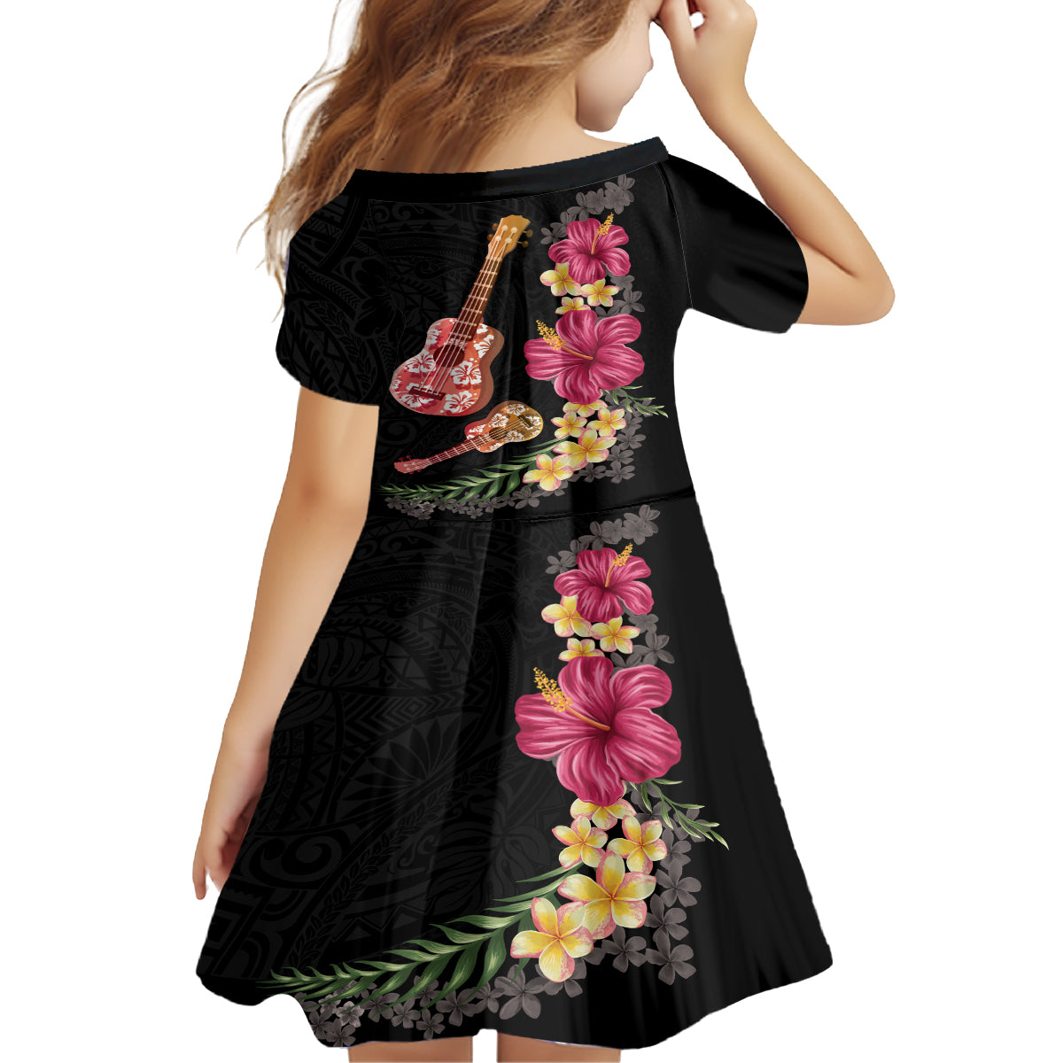 Ukulele mix Polynesian Flower Kid Short Sleeve Dress Hawaiian Tribal Pattern LT03 - Polynesian Pride