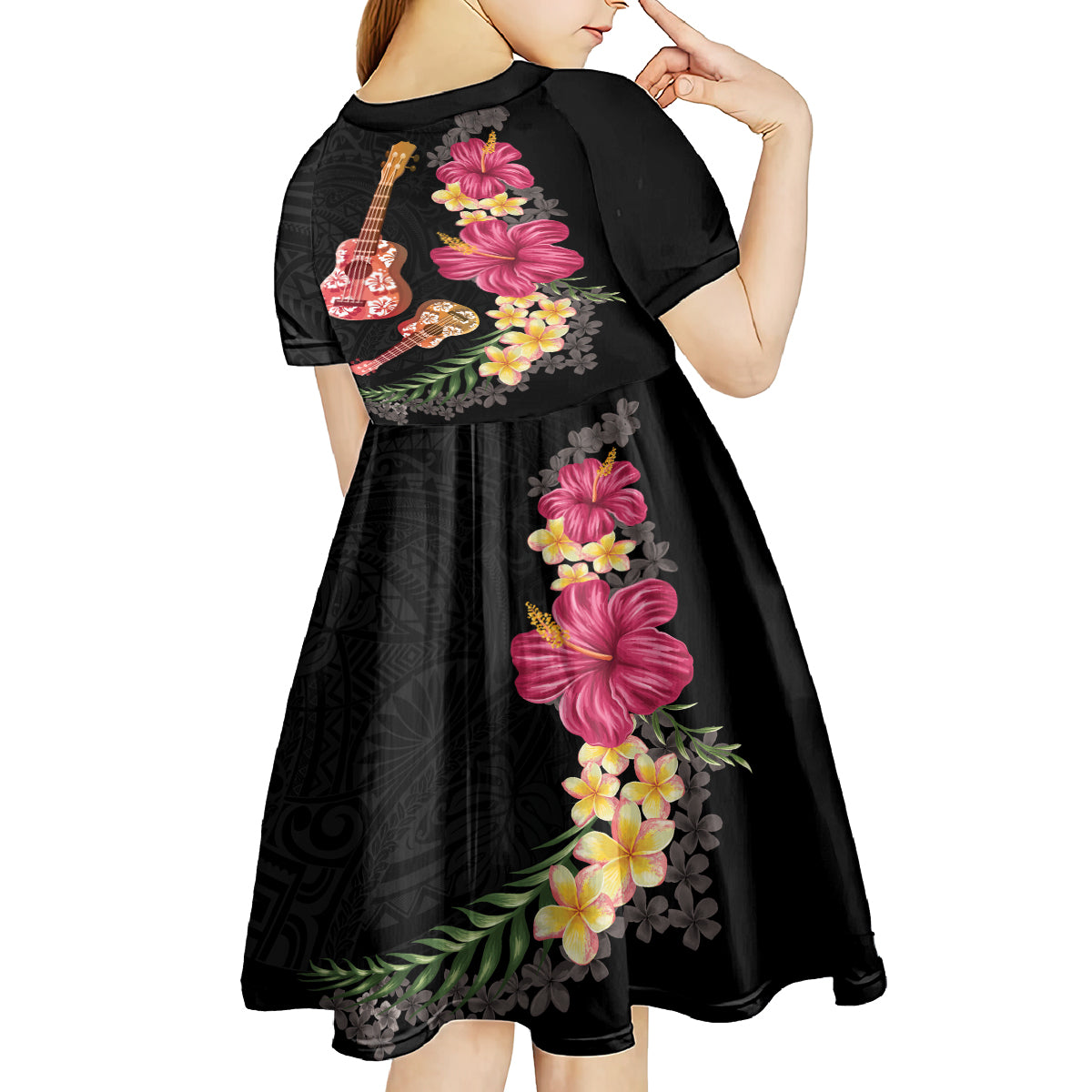 Ukulele mix Polynesian Flower Kid Short Sleeve Dress Hawaiian Tribal Pattern LT03 - Polynesian Pride