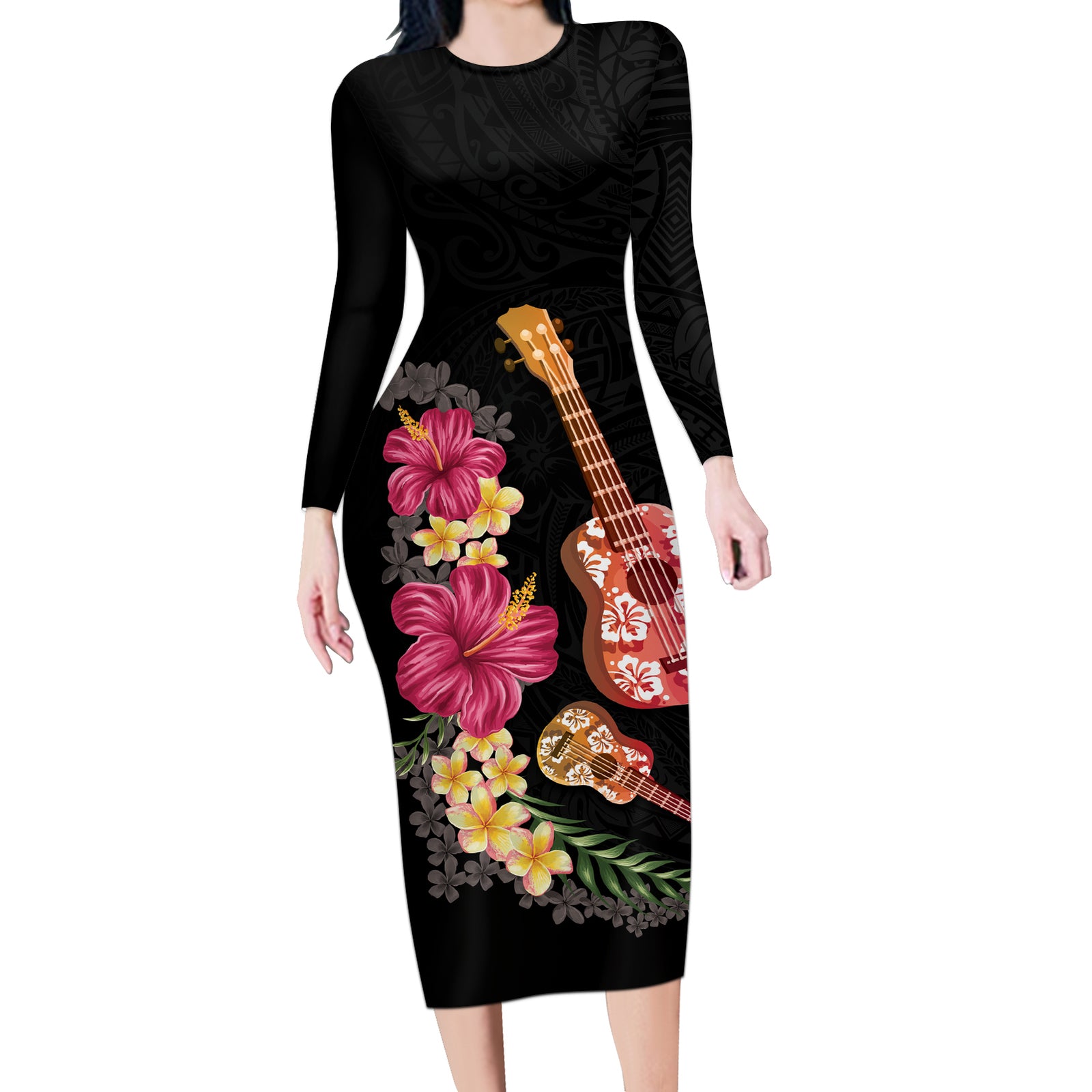 Ukulele mix Polynesian Flower Long Sleeve Bodycon Dress Hawaiian Tribal Pattern LT03 Long Dress Black - Polynesian Pride
