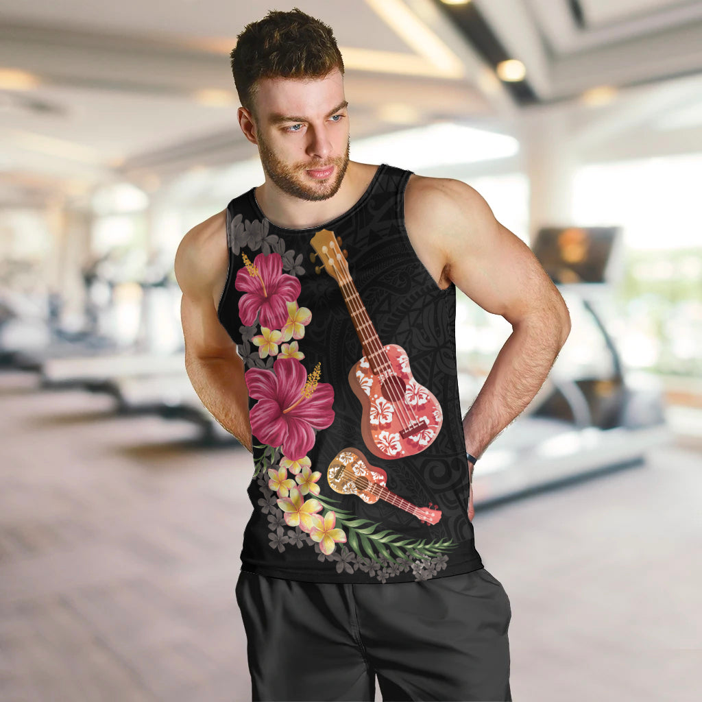 Ukulele mix Polynesian Flower Men Tank Top Hawaiian Tribal Pattern LT03 Black - Polynesian Pride