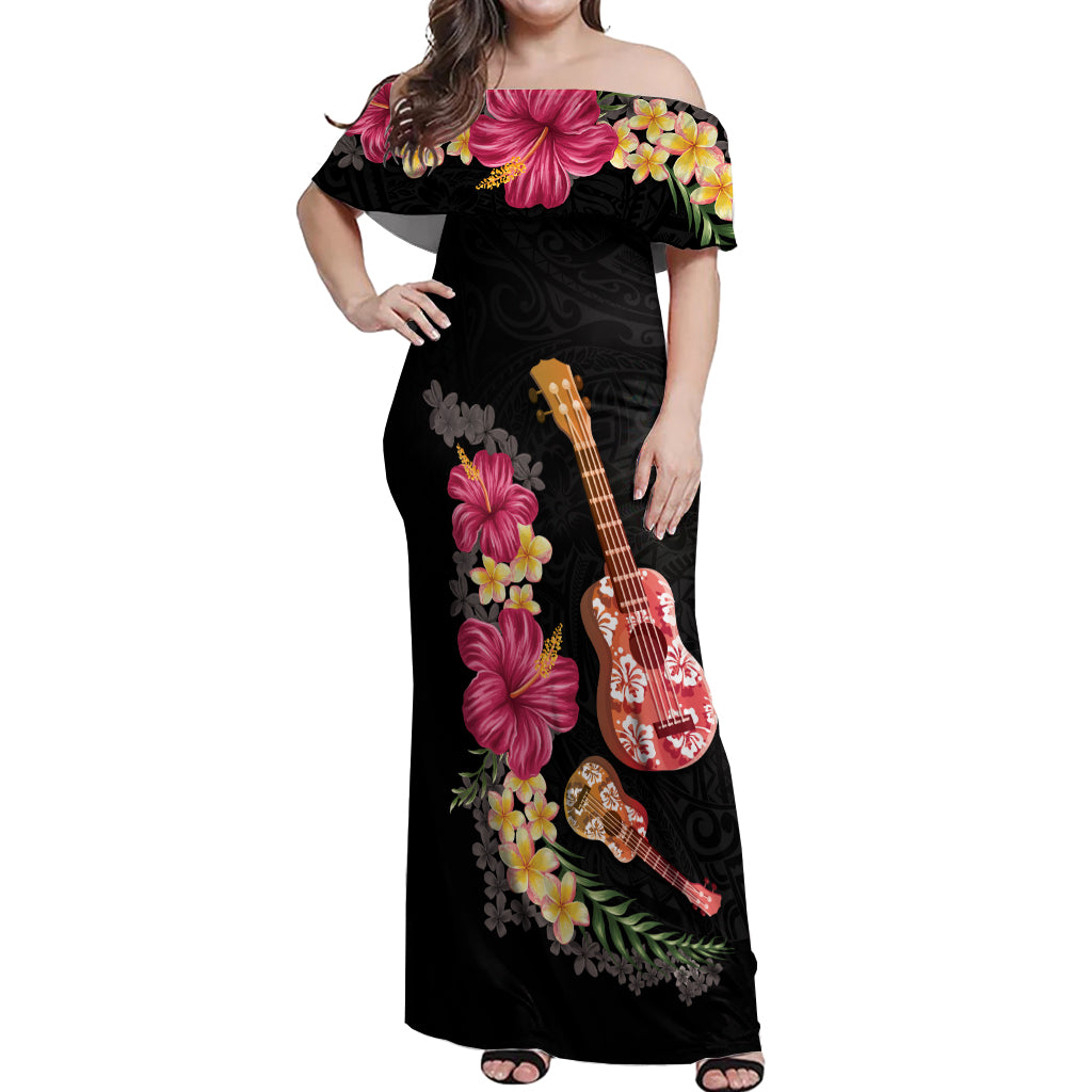 Ukulele mix Polynesian Flower Off Shoulder Maxi Dress Hawaiian Tribal Pattern LT03 Women Black - Polynesian Pride