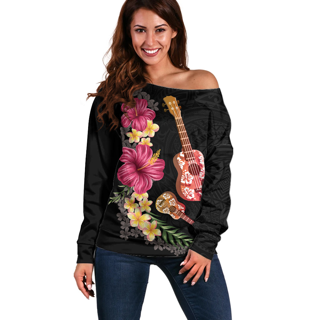 Ukulele mix Polynesian Flower Off Shoulder Sweater Hawaiian Tribal Pattern LT03 Women Black - Polynesian Pride