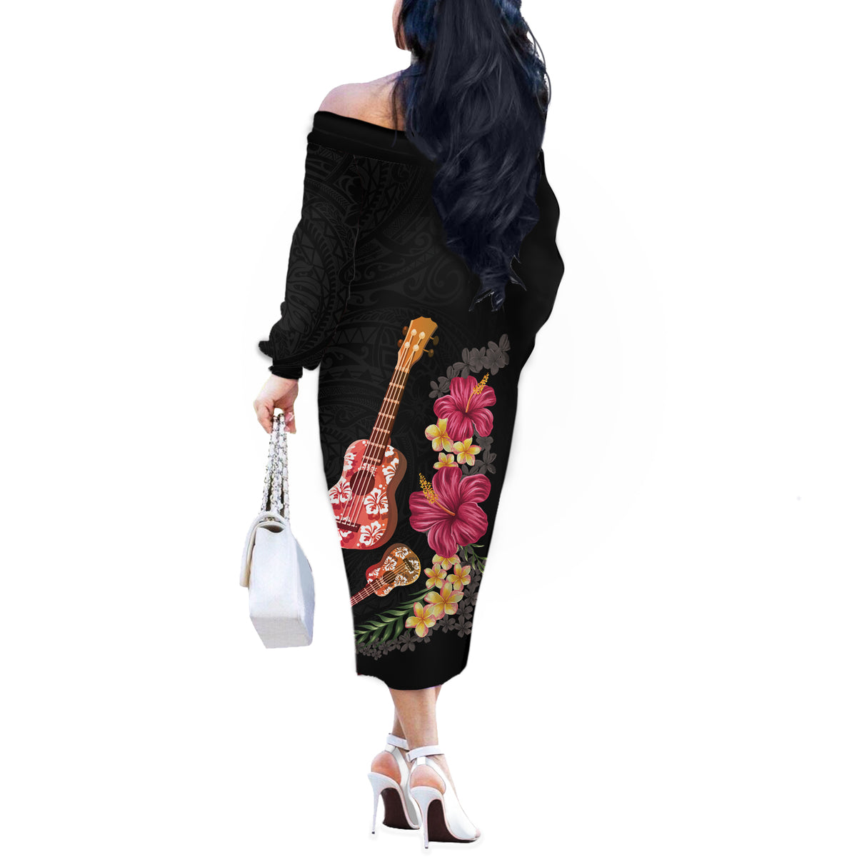 Ukulele mix Polynesian Flower Off The Shoulder Long Sleeve Dress Hawaiian Tribal Pattern LT03 - Polynesian Pride