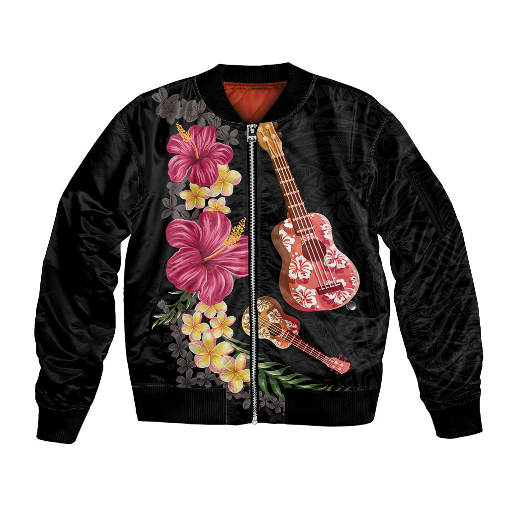 Ukulele mix Polynesian Flower Sleeve Zip Bomber Jacket Hawaiian Tribal Pattern LT03 Unisex Black - Polynesian Pride