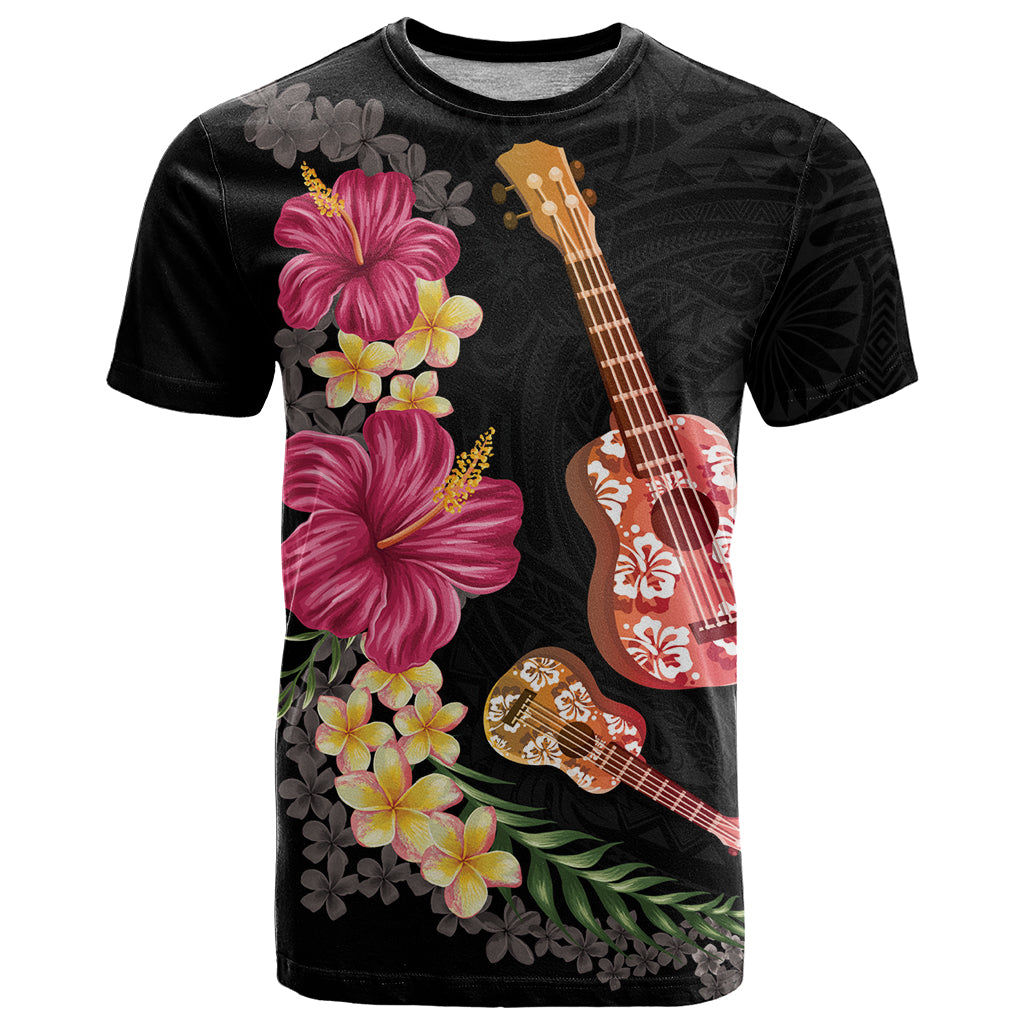 Ukulele mix Polynesian Flower T Shirt Hawaiian Tribal Pattern LT03 Black - Polynesian Pride