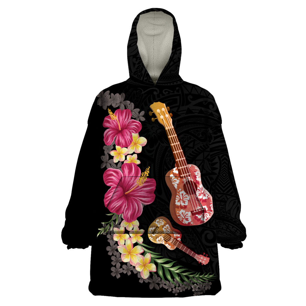 Ukulele mix Polynesian Flower Wearable Blanket Hoodie Hawaiian Tribal Pattern LT03 One Size Black - Polynesian Pride
