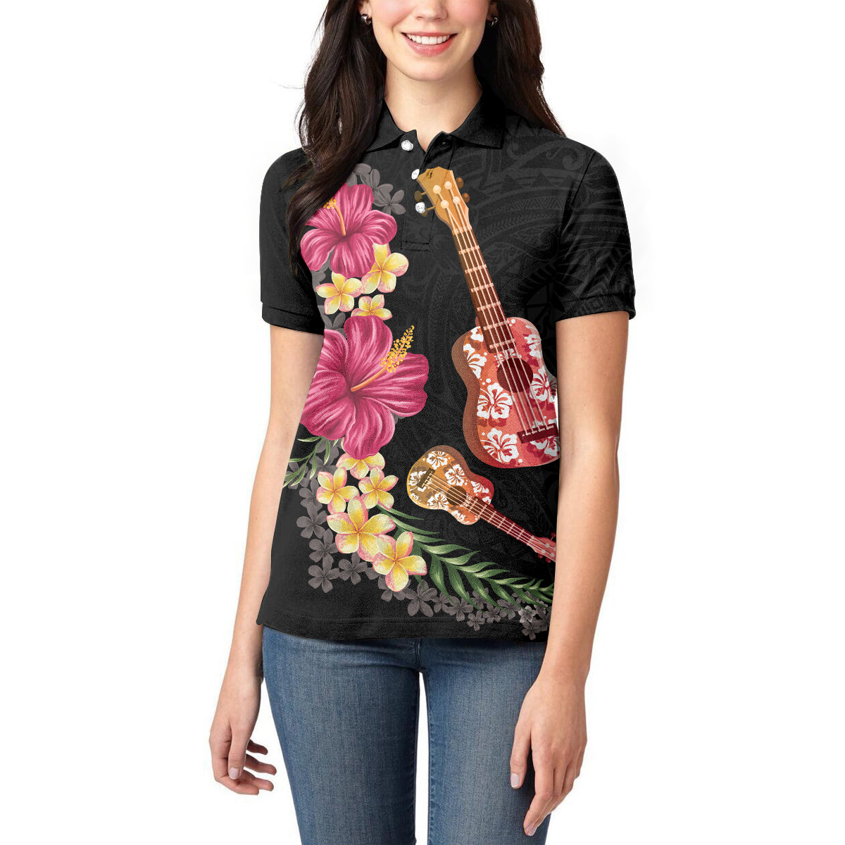 Ukulele mix Polynesian Flower Women Polo Shirt Hawaiian Tribal Pattern LT03 - Polynesian Pride