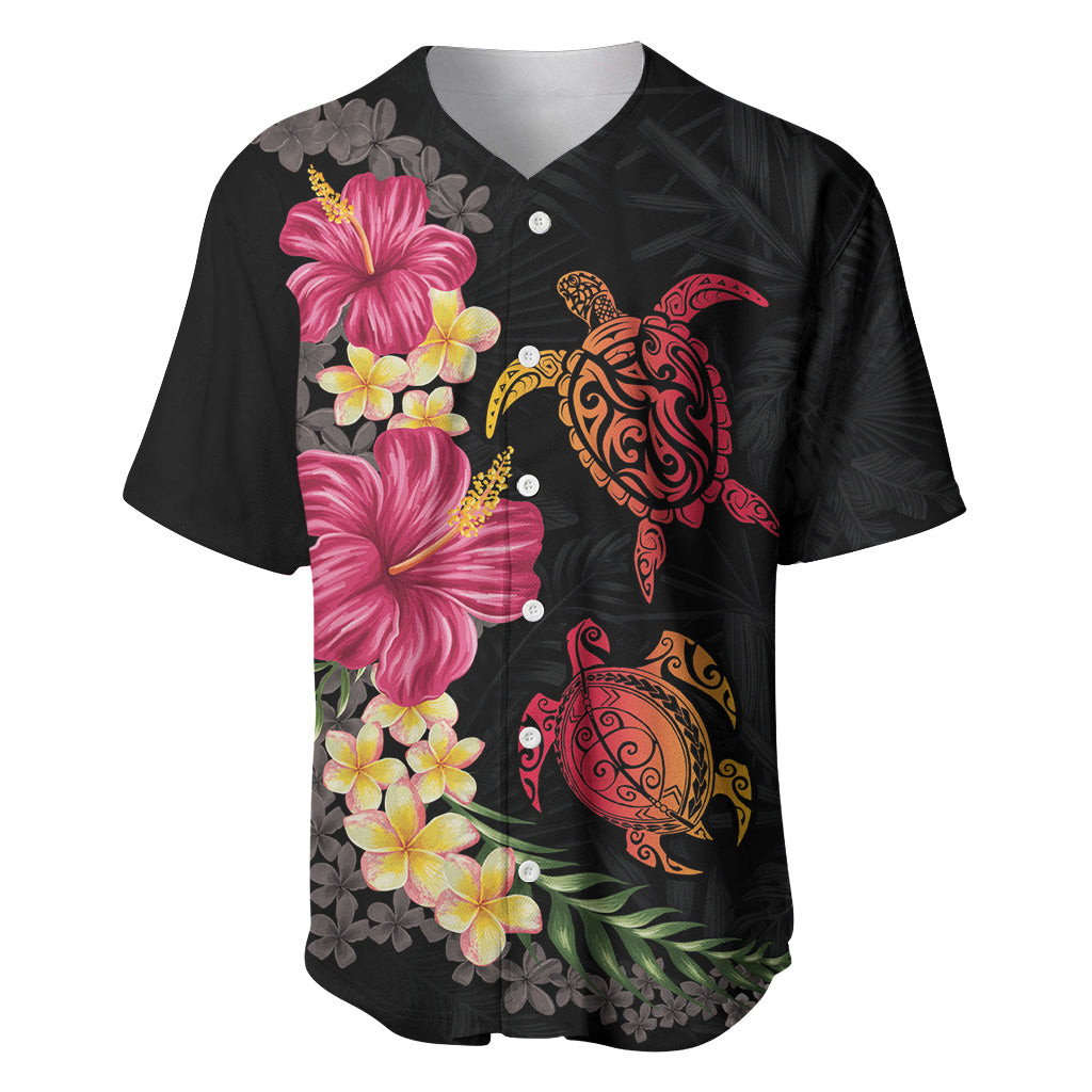 Hawaiian Flower and Tribal Turtle Baseball Jersey Colorful Style LT03 Black - Polynesian Pride