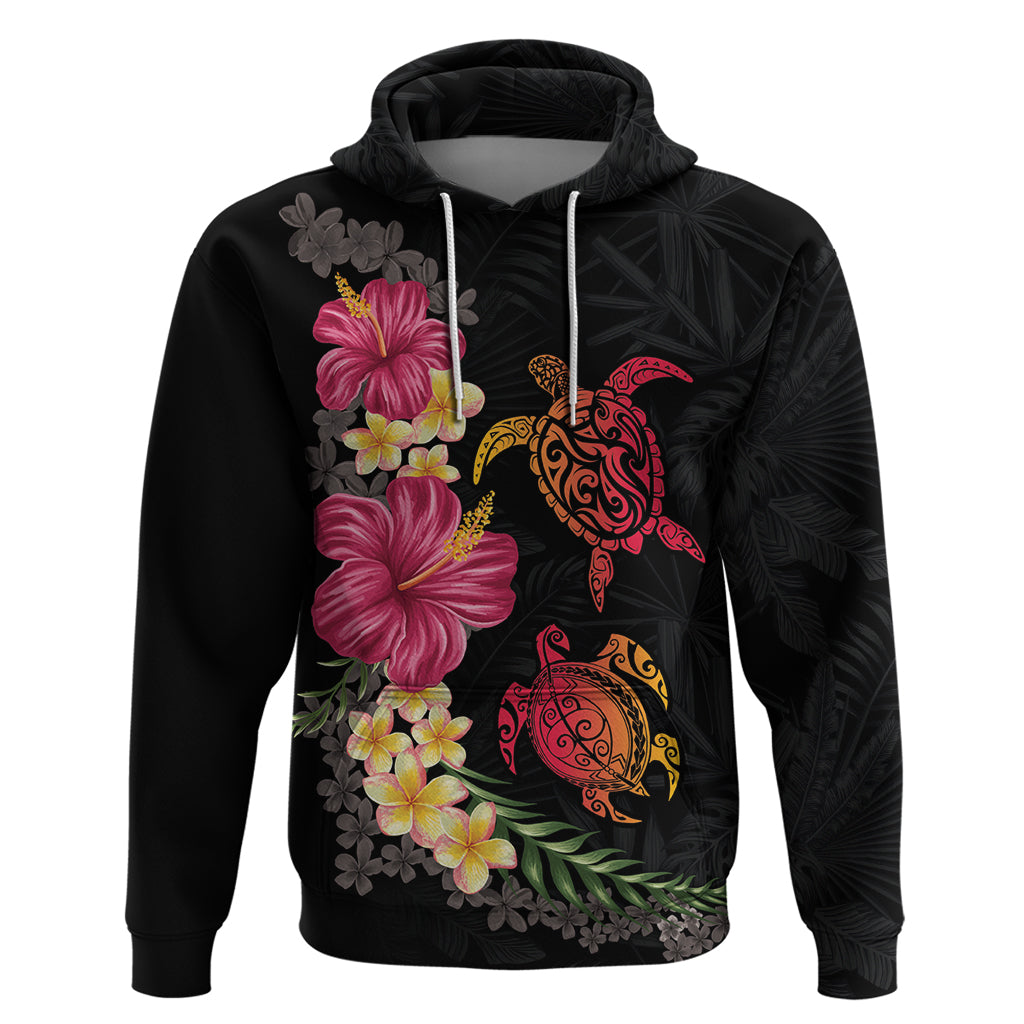 Hawaiian Flower and Tribal Turtle Hoodie Colorful Style LT03 Pullover Hoodie Black - Polynesian Pride