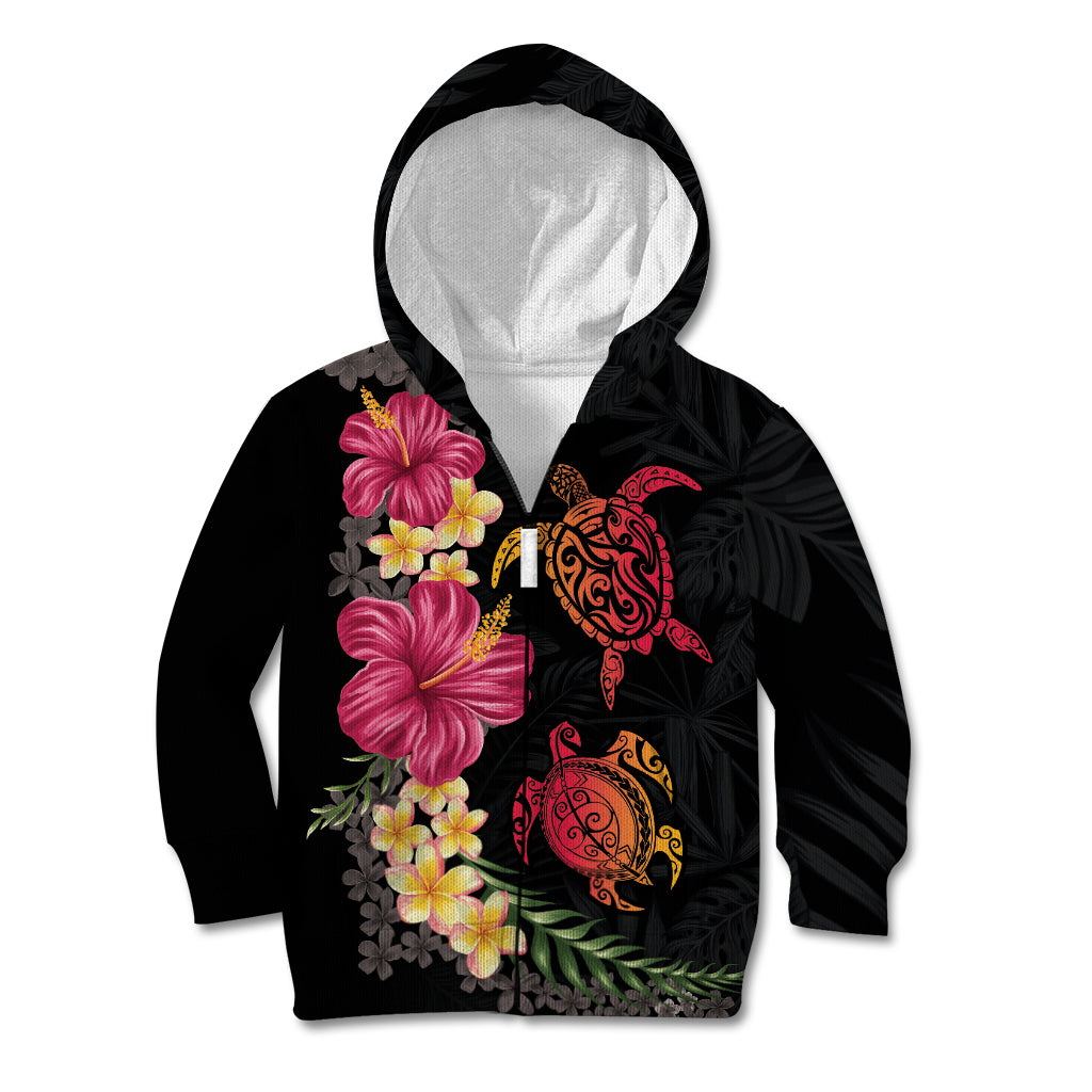 Hawaiian Flower and Tribal Turtle Kid Hoodie Colorful Style LT03 Zip Hoodie Black - Polynesian Pride