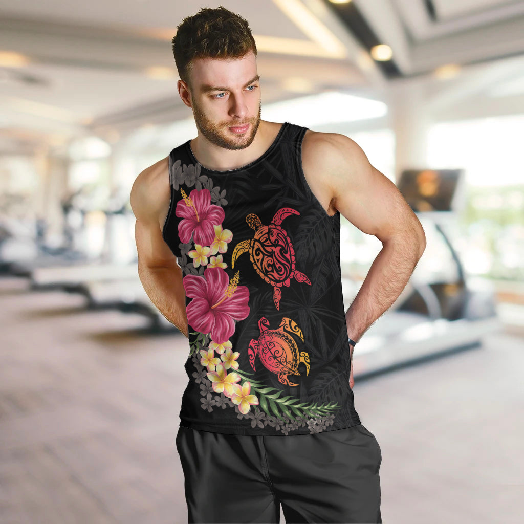 Hawaiian Flower and Tribal Turtle Men Tank Top Colorful Style LT03 Black - Polynesian Pride