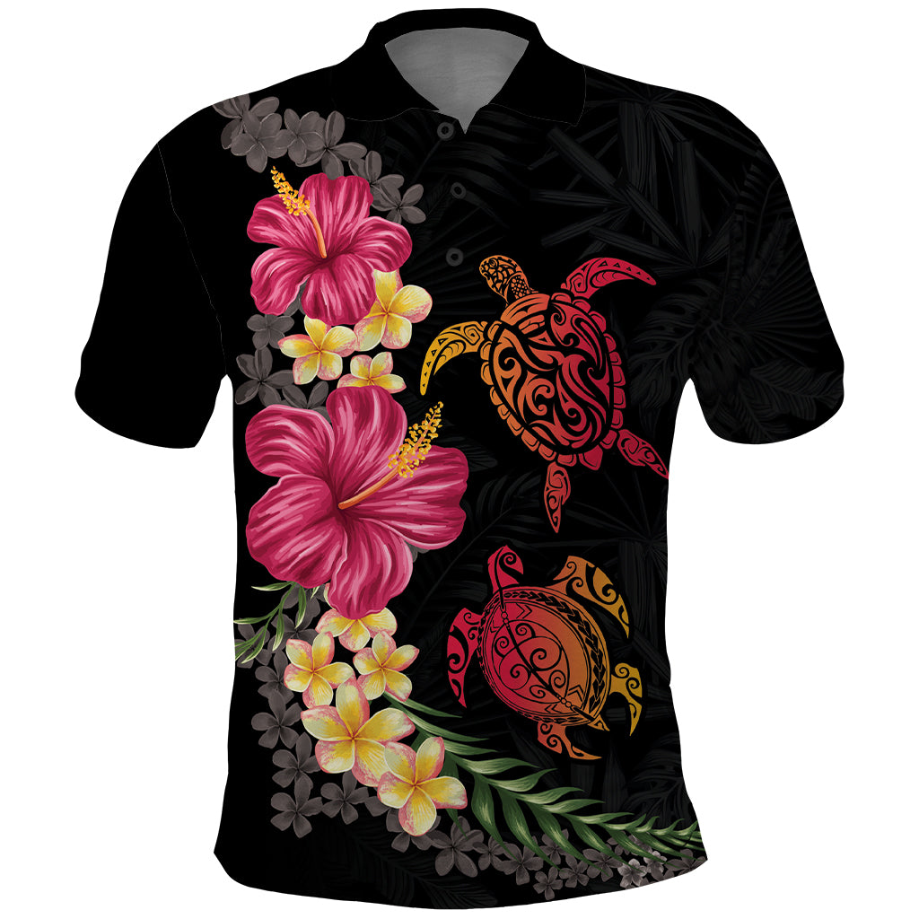 Hawaiian Flower and Tribal Turtle Polo Shirt Colorful Style LT03 Black - Polynesian Pride