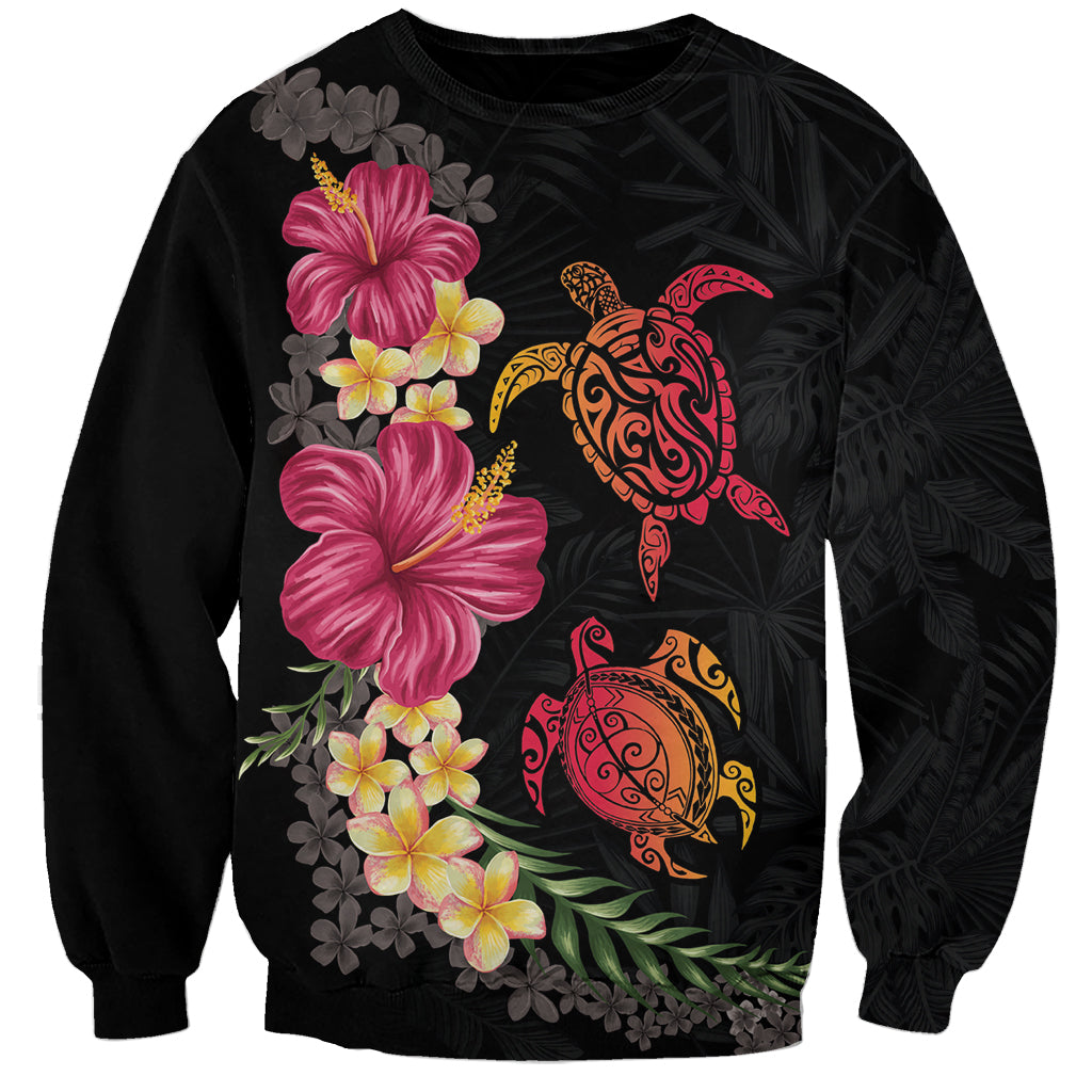 Hawaiian Flower and Tribal Turtle Sweatshirt Colorful Style LT03 Unisex Black - Polynesian Pride