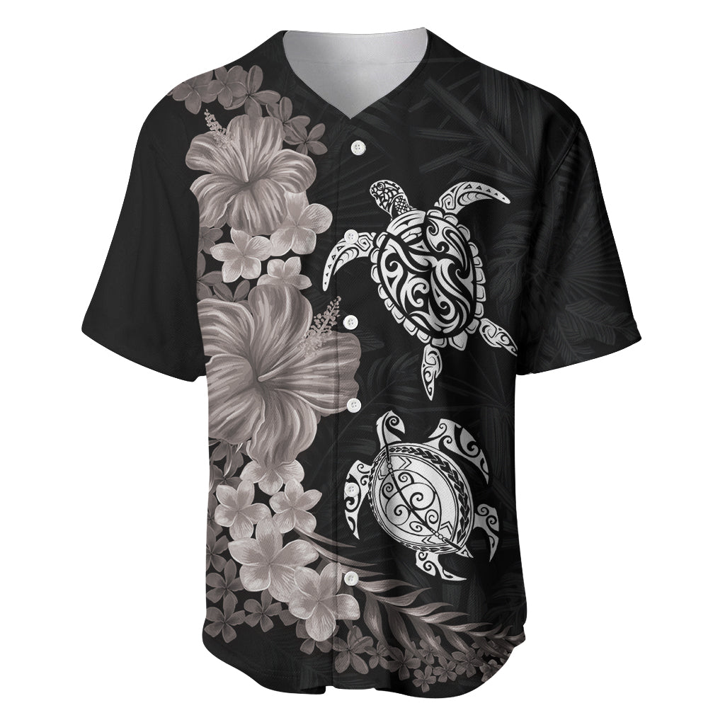 Hawaiian Flower and Tribal Turtle Baseball Jersey Grayscale Mode LT03 Black - Polynesian Pride
