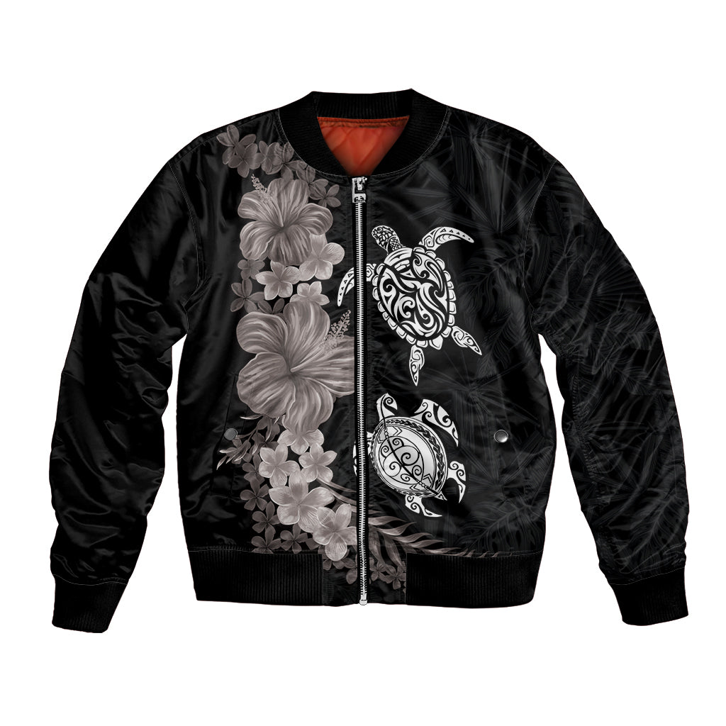 Hawaiian Flower and Tribal Turtle Bomber Jacket Grayscale Mode LT03 Unisex Black - Polynesian Pride