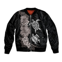 Hawaiian Flower and Tribal Turtle Bomber Jacket Grayscale Mode LT03 Unisex Black - Polynesian Pride