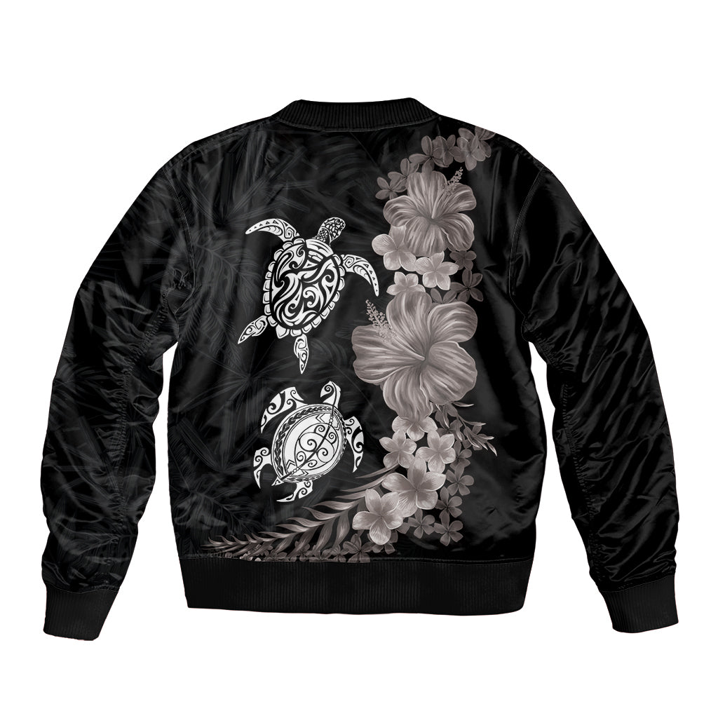 Hawaiian Flower and Tribal Turtle Bomber Jacket Grayscale Mode LT03 - Polynesian Pride