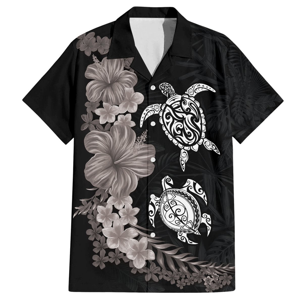 Hawaiian Flower and Tribal Turtle Hawaiian Shirt Grayscale Mode LT03 Black - Polynesian Pride