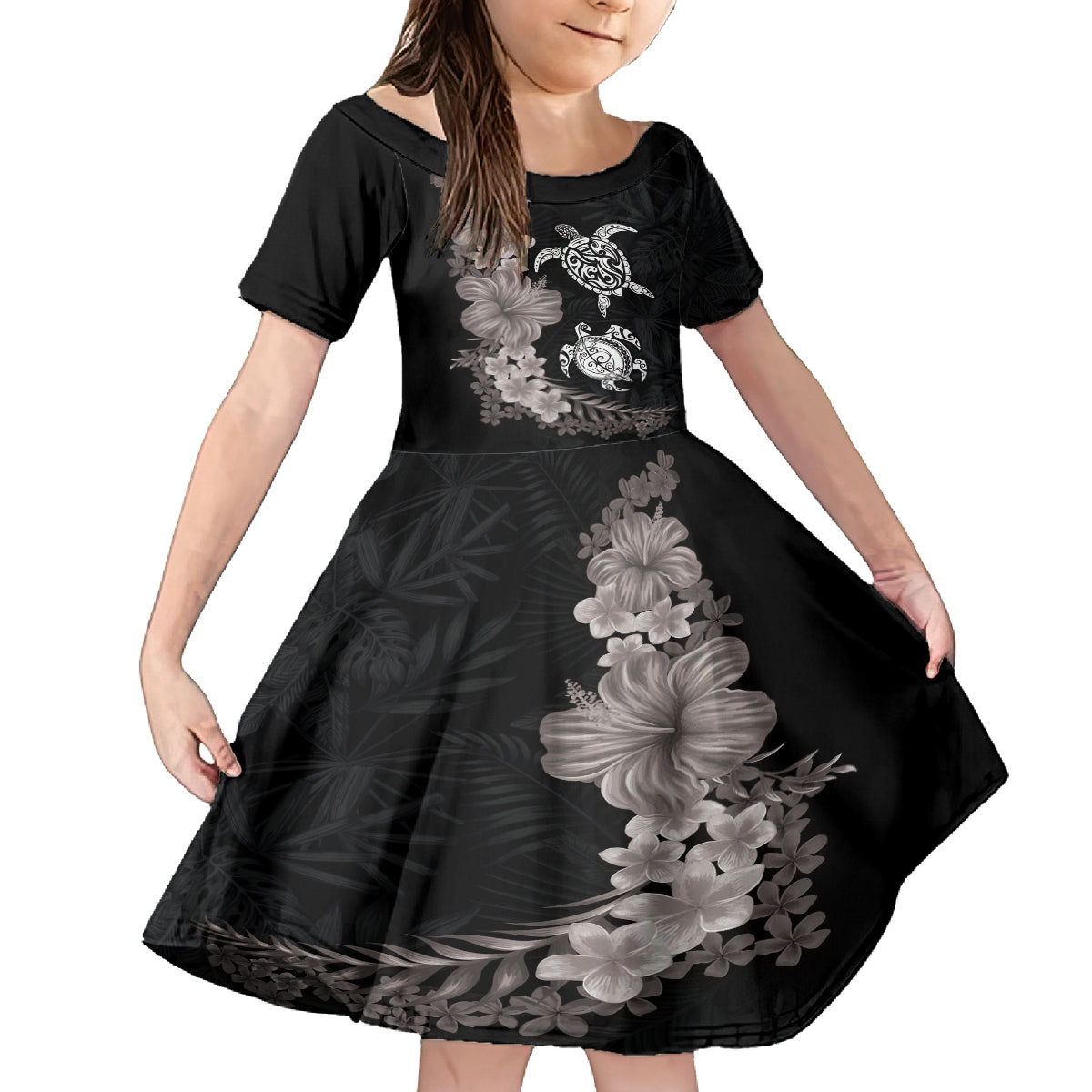 Hawaiian Flower and Tribal Turtle Kid Short Sleeve Dress Grayscale Mode LT03 KID Black - Polynesian Pride