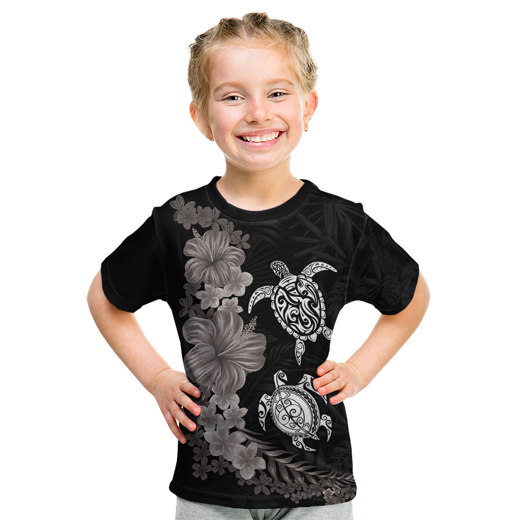 Hawaiian Flower and Tribal Turtle Kid T Shirt Grayscale Mode LT03 Black - Polynesian Pride