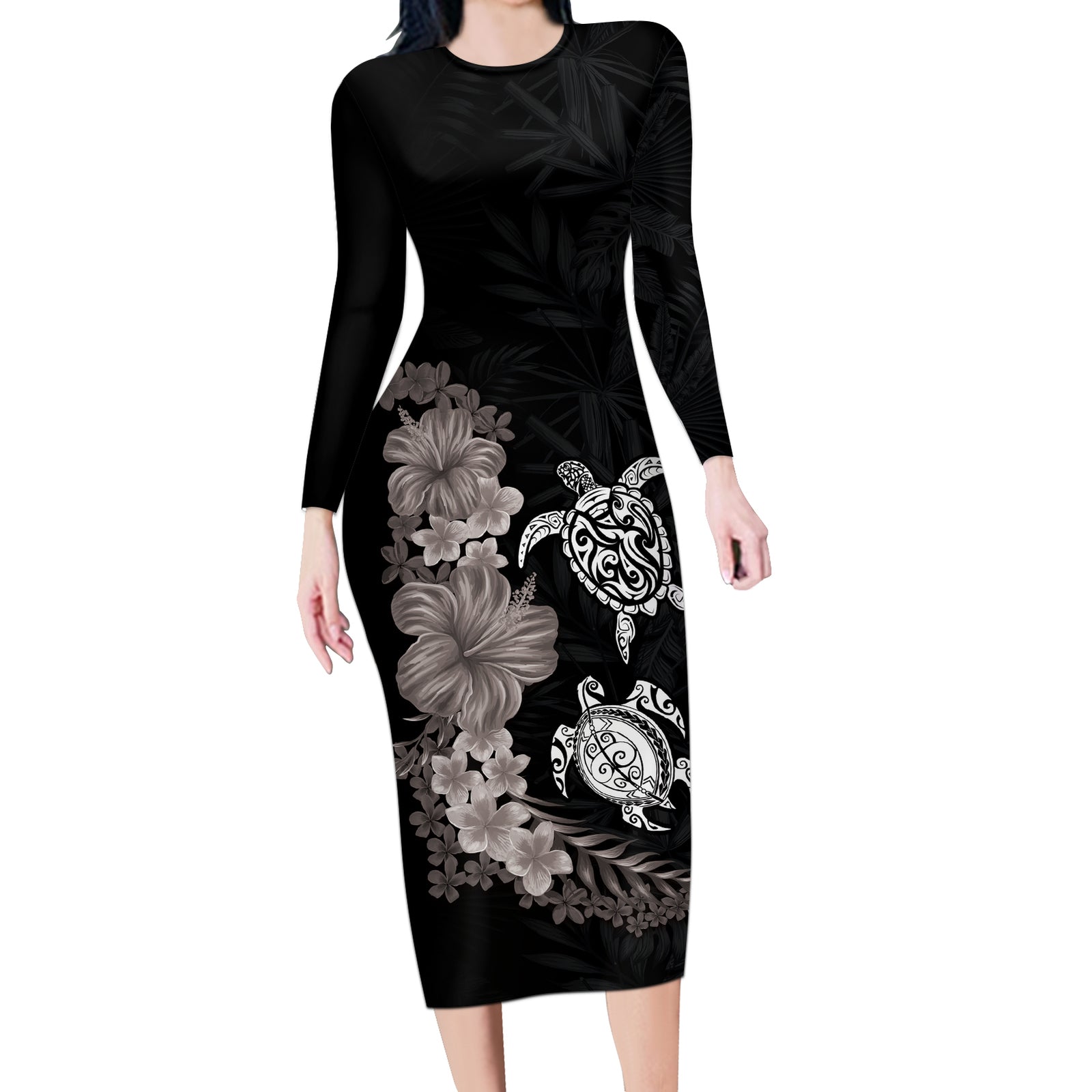 Hawaiian Flower and Tribal Turtle Long Sleeve Bodycon Dress Grayscale Mode LT03 Long Dress Black - Polynesian Pride