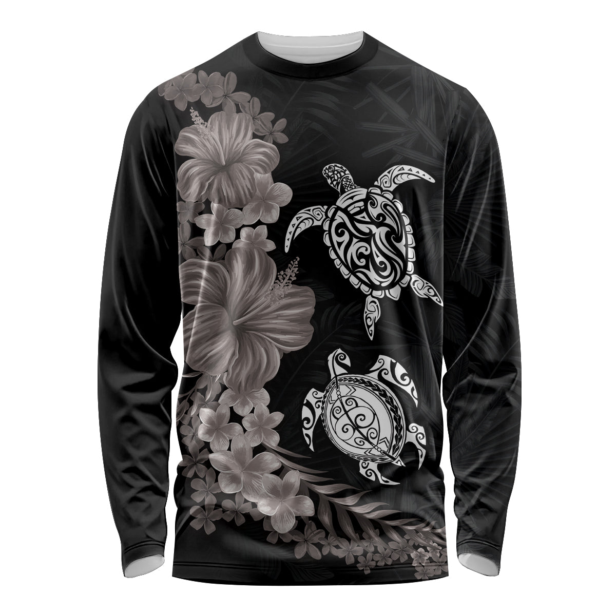 Hawaiian Flower and Tribal Turtle Long Sleeve Shirt Grayscale Mode LT03 Unisex Black - Polynesian Pride