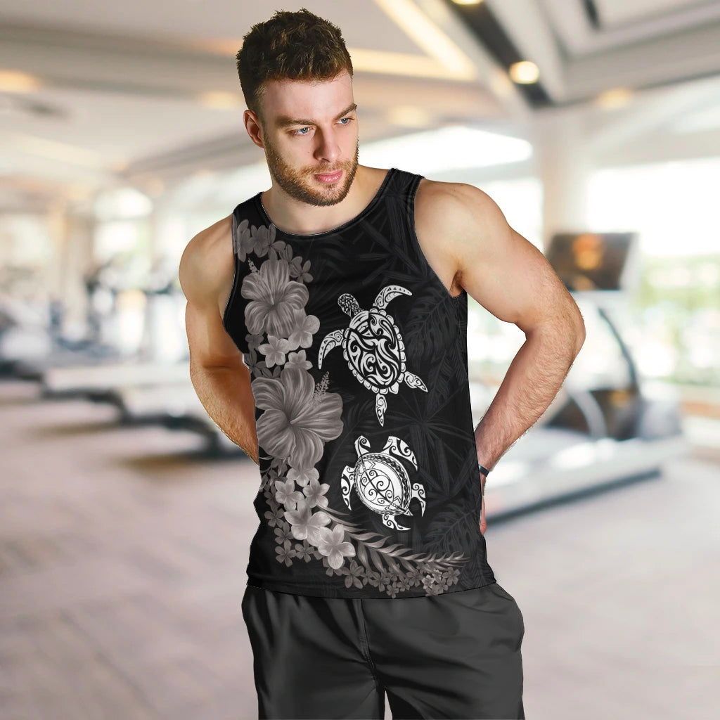 Hawaiian Flower and Tribal Turtle Men Tank Top Grayscale Mode LT03 Black - Polynesian Pride